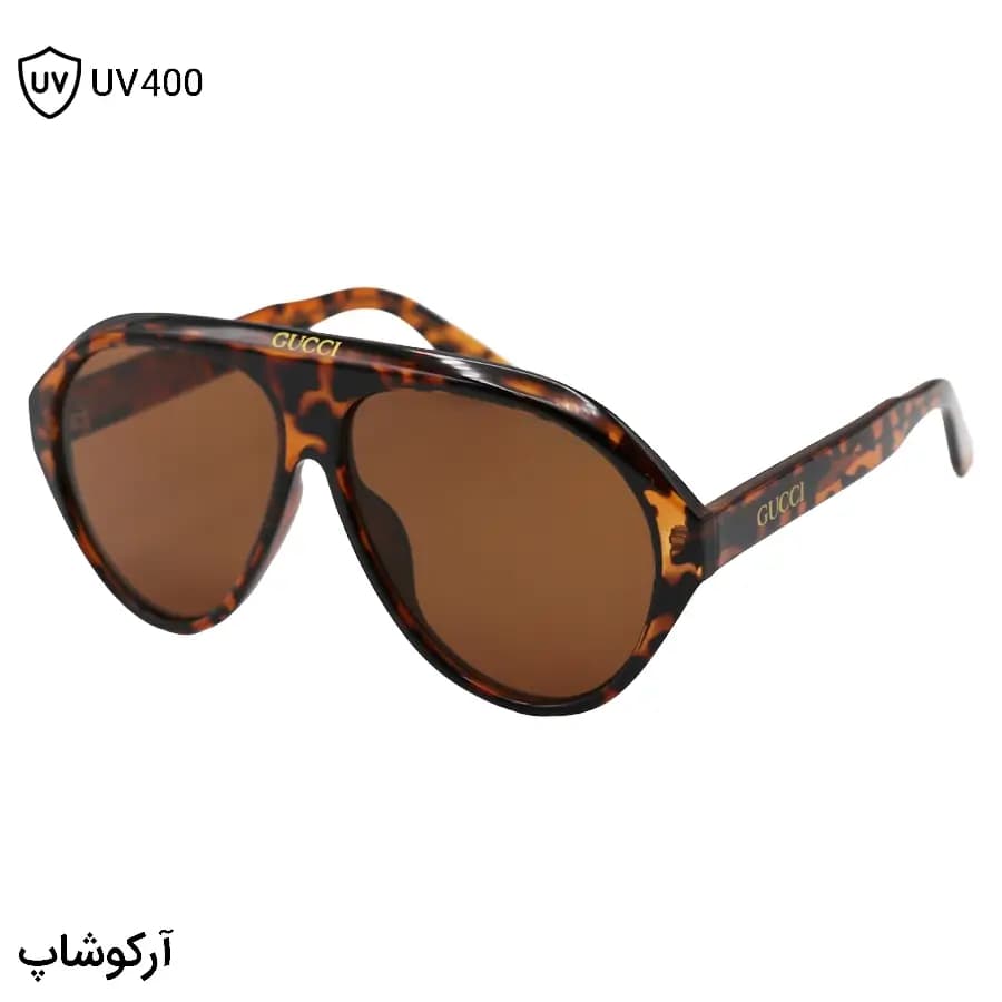 عینک آفتابی ترند Gucci با فریم هاوانا (پلنگی) براق، شکل خلبانی، دسته سیم‌دار و لنز قهوه‌ای تیره مدل 62605