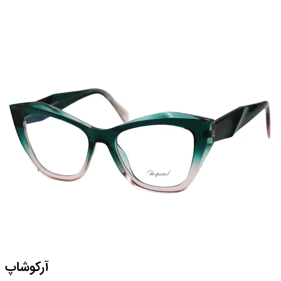 فریم عینک طبی زنانه Chopard با فریم چشم گربهای، رنگ سبز براق، دسته سیمدار و لولا فنری مدل 2197