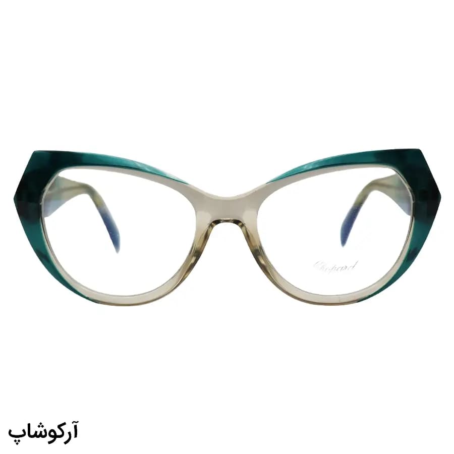عینک طبی زنانه Chopard با فریم سبز براق، شکل چشم گربهای، لولا فنری و دسته سیم دار مدل 2163 — تصویر ۳