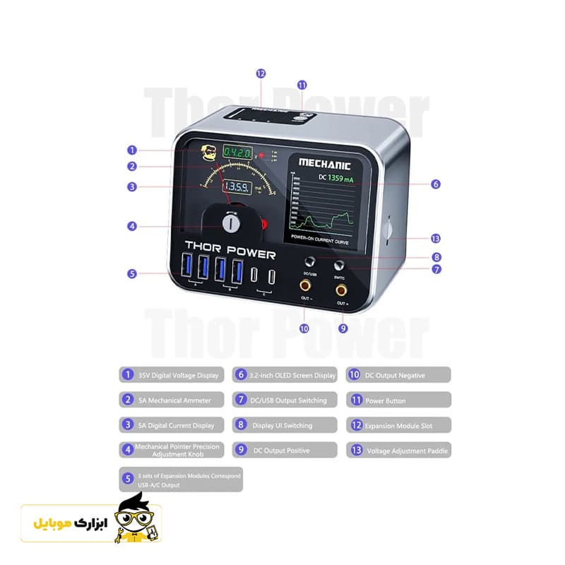 منبع تغذیه 35V ولت و 5A آمپر و مولتی شارژر مکانیک MECHANIC THOR POWER — تصویر ۵