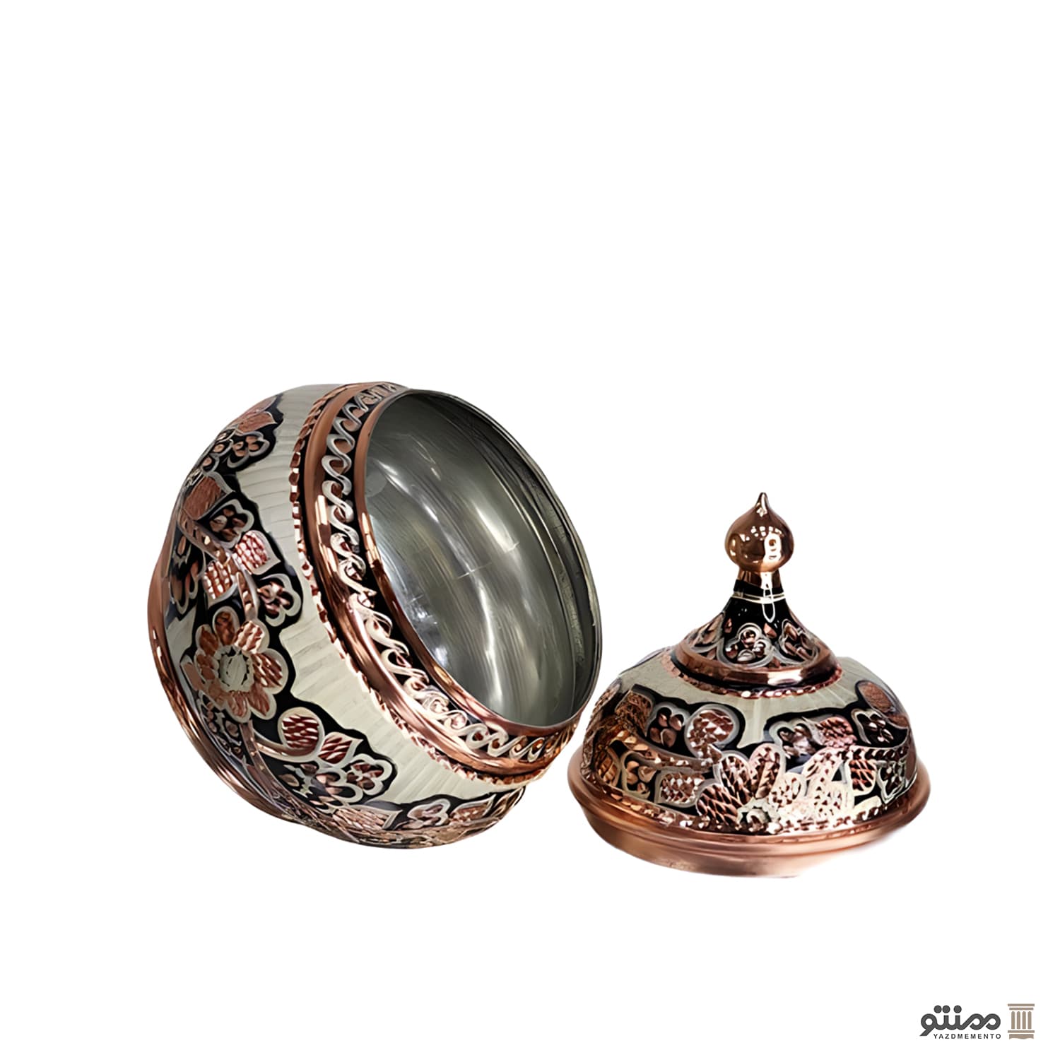 قندان مسی نقره کوب دهنه 12 سانتی متر — تصویر ۲