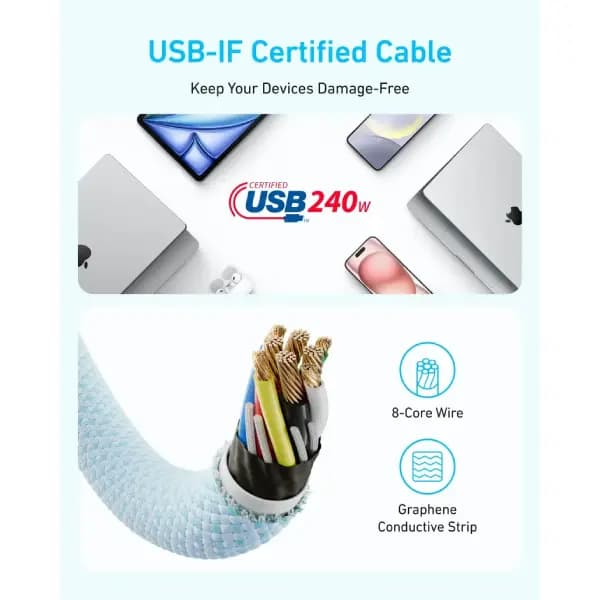 کابل 240 وات 180 سانتی متر USB-C به USB-C انکر مدل Anker Zolo Braided Fast Charging Cable A8060 — تصویر ۷