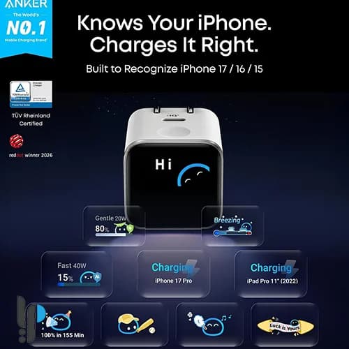 شارژر دیواری ۴۵ وات دارای نمایشگر هوشمند با قابلیت تاشو ۱۸۰ درجه انکر مدل Anker Nano Charger A121D — تصویر ۱۲