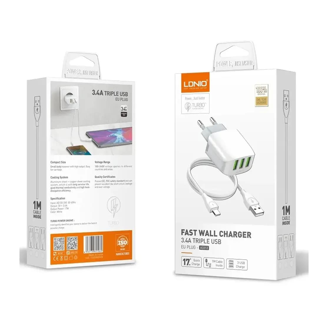 شارژر دیواری الدینیو مدل LDNIO A3312 به همراه کابل — تصویر ۵