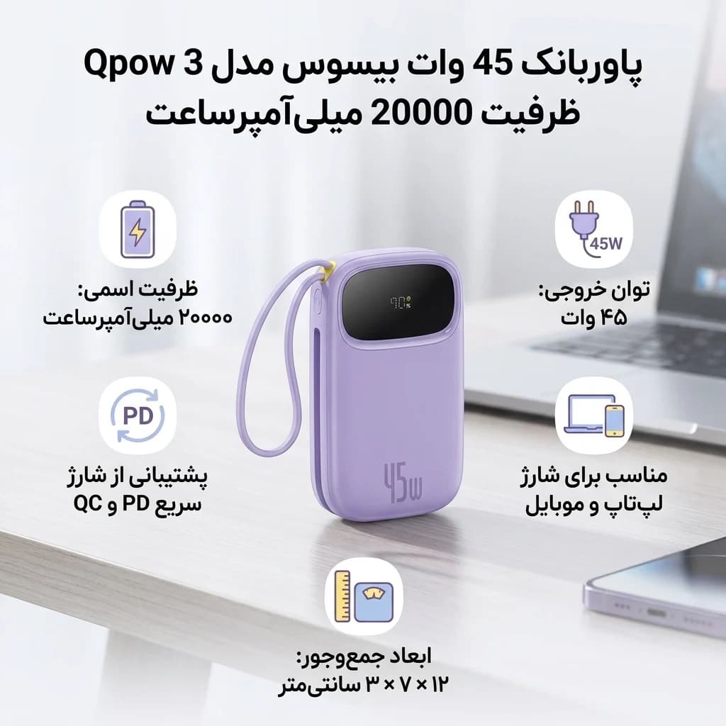 پاوربانک 45 وات بیسوس مدل Qpow 3 ظرفیت 20000 میلیآمپرساعت — تصویر ۱۲
