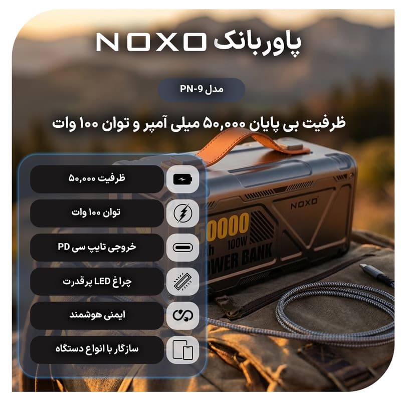 پاوربانک 100 وات نوکسو مدل PN‑9 ظرفیت 50000 میلیآمپرساعت — تصویر ۳