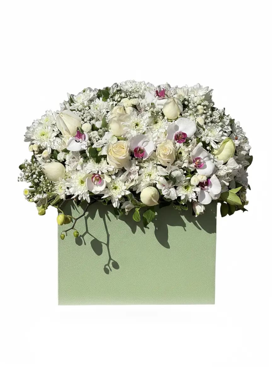 باکس گل سفید لاکچری | Green White Elegance No.7 | پلتفرم سبز | هایپرمارکت گل و گیاه