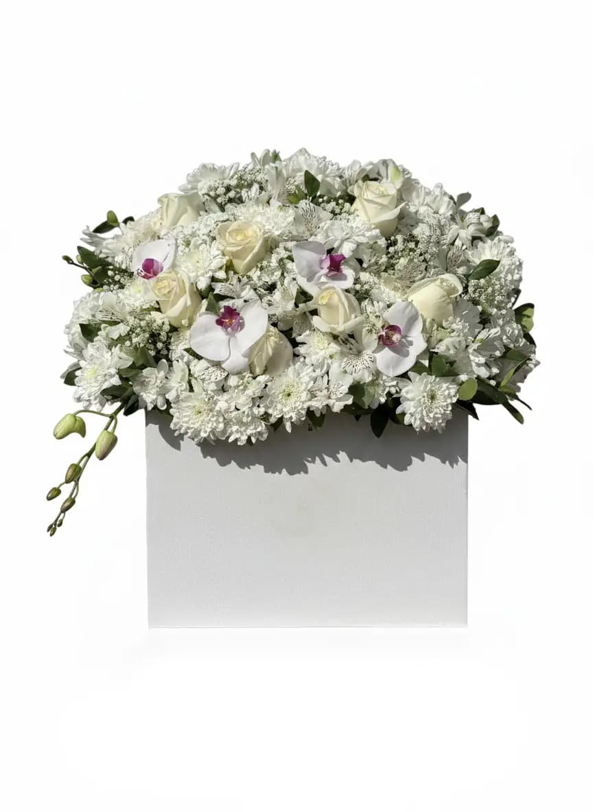 باکس گل سفید کلاسیک لاکچری | Pure White Elegance No.10 | پلتفرم سبز | هایپرمارکت گل و گیاه