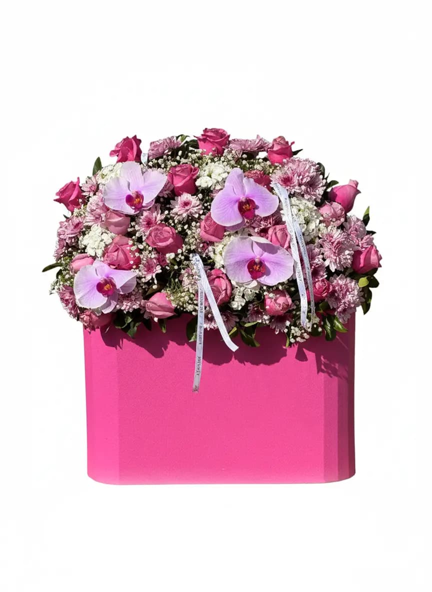 باکس گل رز و ارکیده لاکچری | Pink Orchid Majesty No.16 | پلتفرم سبز | هایپرمارکت گل و گیاه