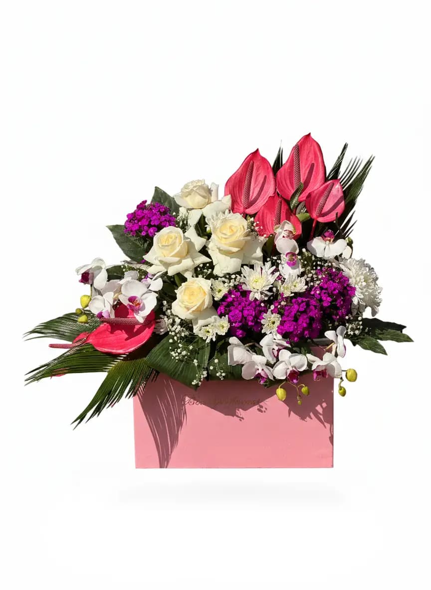 باکس گل آنتوریوم و رز لوکس | Royal Pink Anthurium No.17 | پلتفرم سبز | هایپرمارکت گل و گیاه