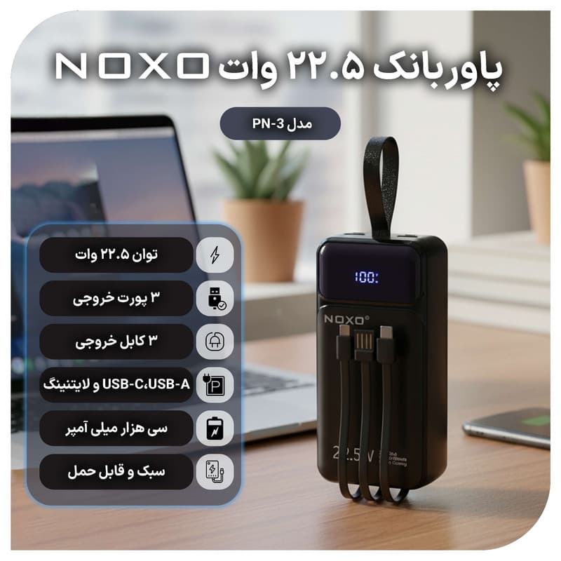 پاوربانک نوکسو مدل PN-3 ظرفیت 30 هزار میلی آمپر ساعت — تصویر ۵