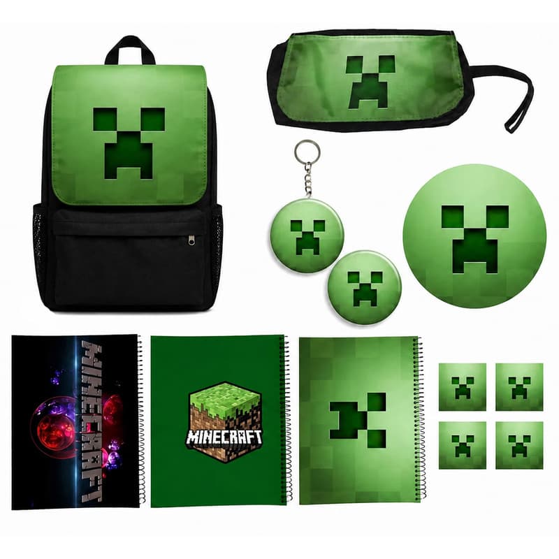 کوله پشتی طرح ماینکرفت کد Minecraft A7 به همراه دفتر مشق و جامدادی و زیر لیوانی و جاکلیدی و پیکسل و برچسب مجموعه 12 عددی