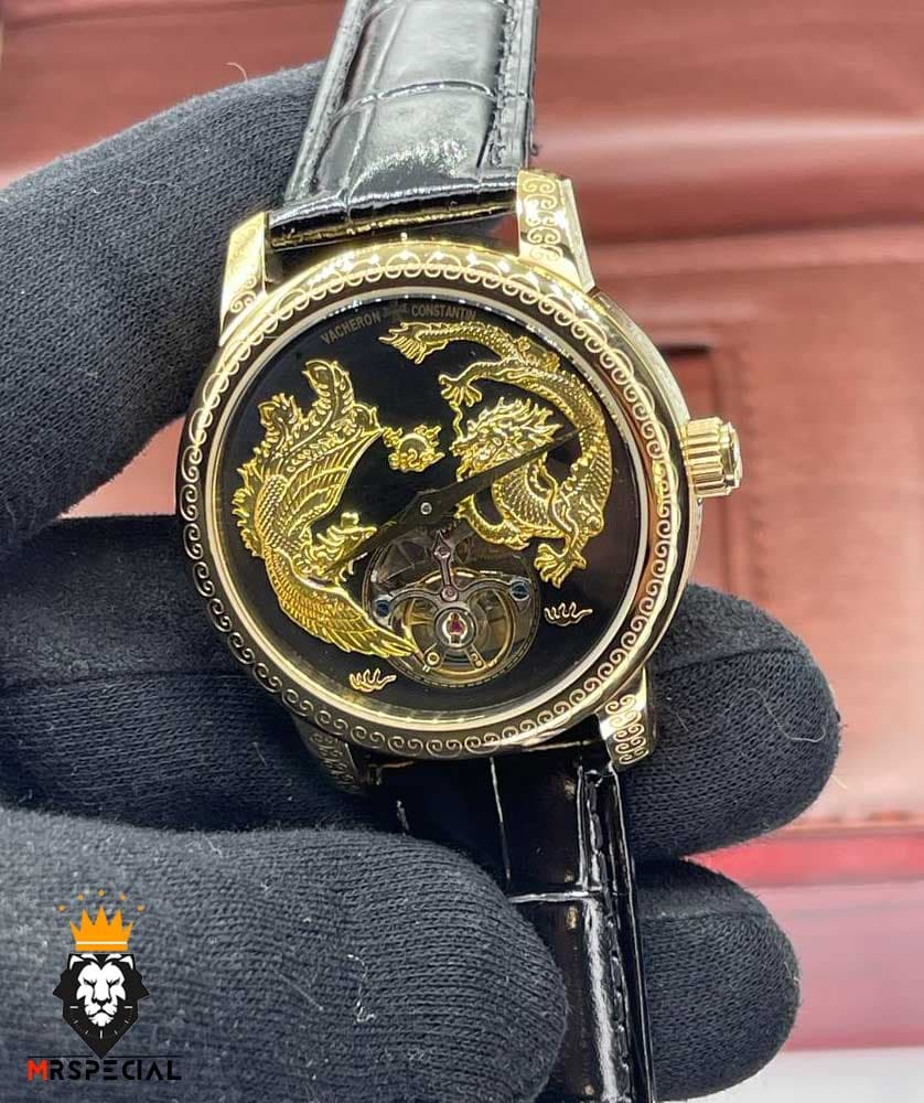 ساعت واشرون کنستانتین دراگون مردانه اتوماتیک حکاکی طلایی بند چرم صفحه مشکی طلایی Vacheron Constantin dragon 01614 — تصویر ۲