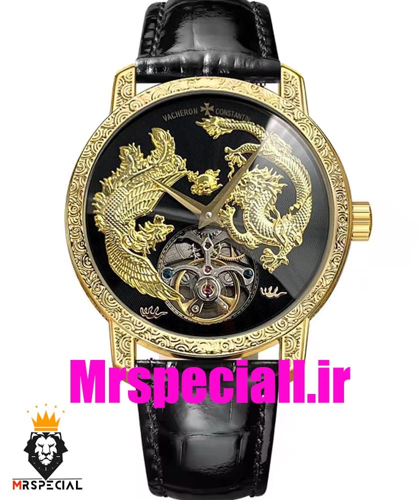 ساعت واشرون کنستانتین دراگون مردانه اتوماتیک حکاکی طلایی بند چرم صفحه مشکی طلایی Vacheron Constantin dragon 01614