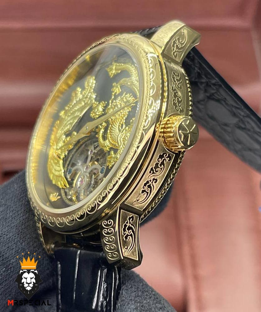 ساعت واشرون کنستانتین دراگون مردانه اتوماتیک حکاکی طلایی بند چرم صفحه مشکی طلایی Vacheron Constantin dragon 01614 — تصویر ۳
