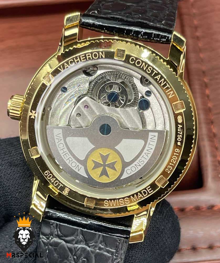 ساعت واشرون کنستانتین دراگون مردانه اتوماتیک حکاکی طلایی بند چرم صفحه مشکی طلایی Vacheron Constantin dragon 01614 — تصویر ۵