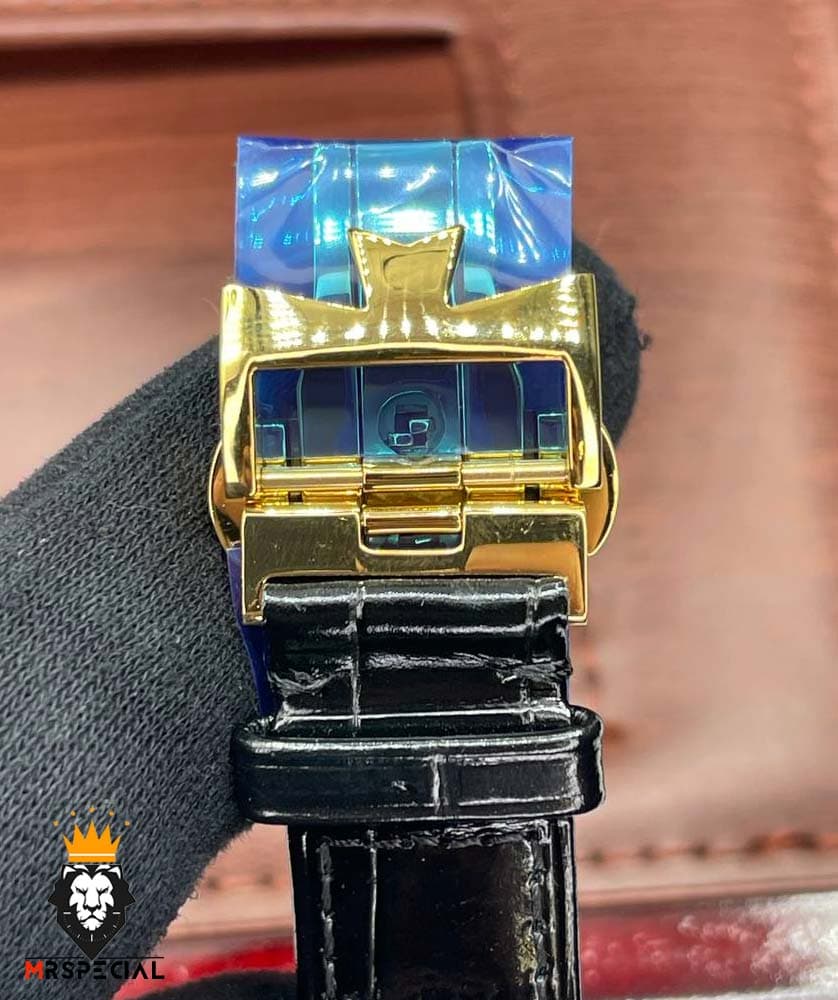 ساعت واشرون کنستانتین دراگون مردانه اتوماتیک حکاکی طلایی بند چرم صفحه مشکی طلایی Vacheron Constantin dragon 01614 — تصویر ۶