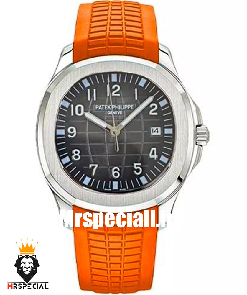 ساعت مردانه پتک فیلیپ اکوانات اتوماتیک بند رابر نارنجی صفحه طوسی 01603 Patek Philippe Aquanaut