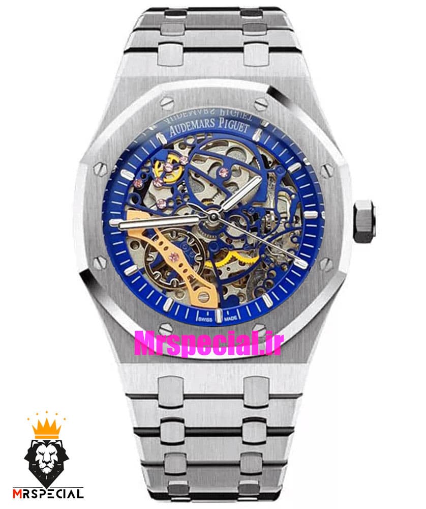 ساعت مردانه اودمار پیگه اتوماتیک استیل صفحه اسکلتون ابی AUDEMARS PIGUET ROYAL 01567