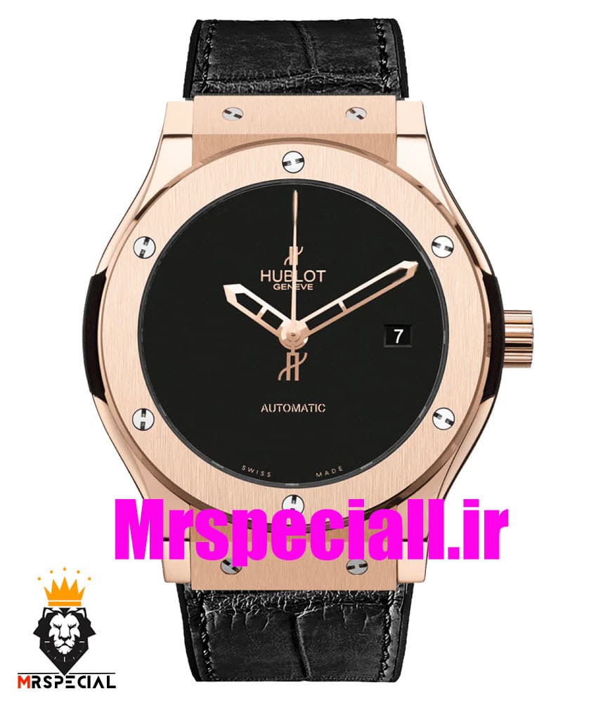 ساعت مردانه هابلوت اتوماتیک بند مشکی قاب رزگلد صفحه مشکی 01469 HUBLOT BIG BANG