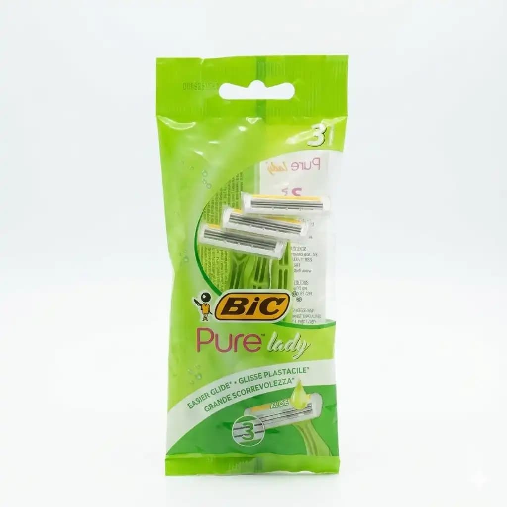 خودتراش زنانه بیک BIC مدل Pure Lady سه لبه با نوار صابونی آلوئه‌ورا سبز بسته 3 عددی