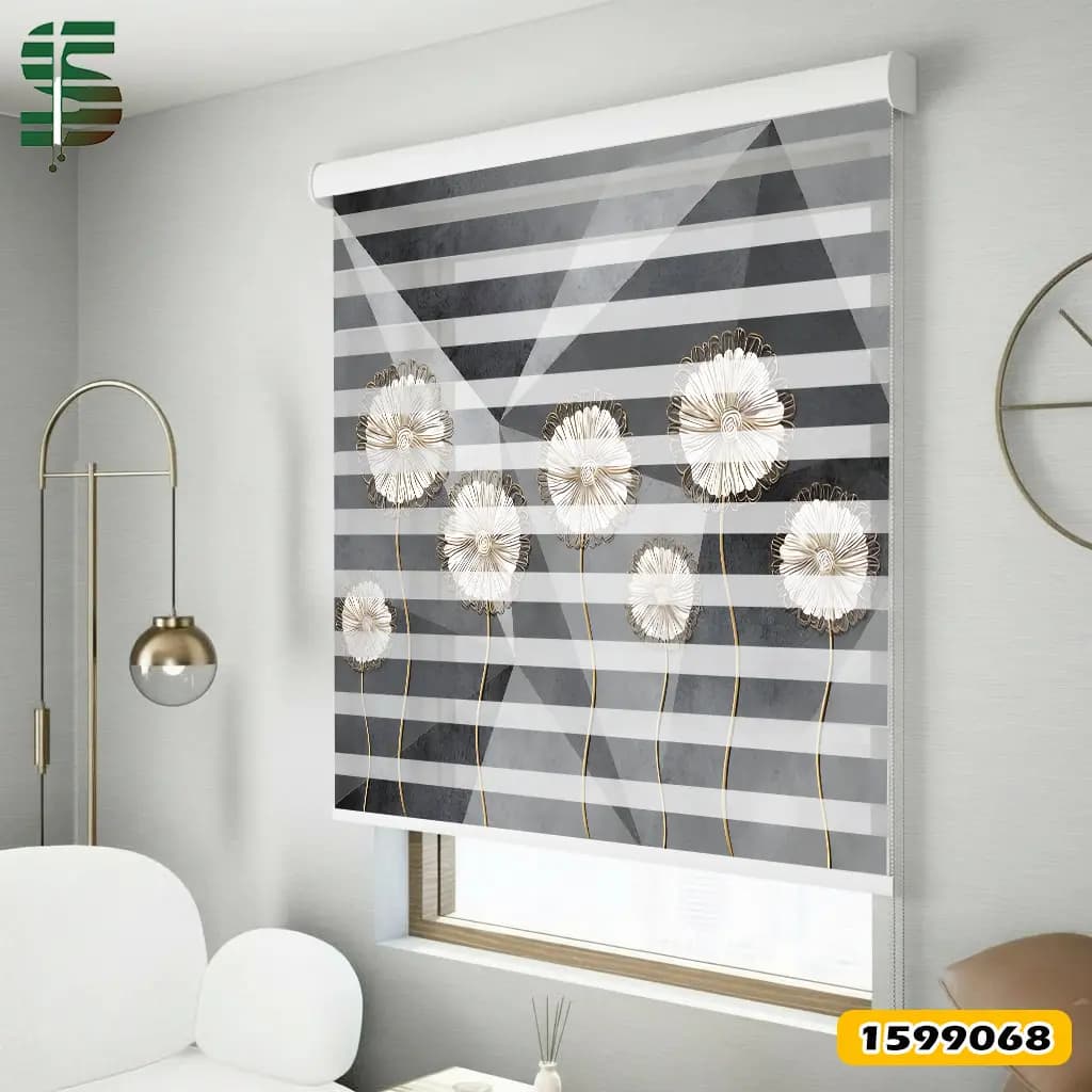 پرده زبرا سه بعدی کد 1599068 مدل مثلث و قاصدک زمینه طوسی