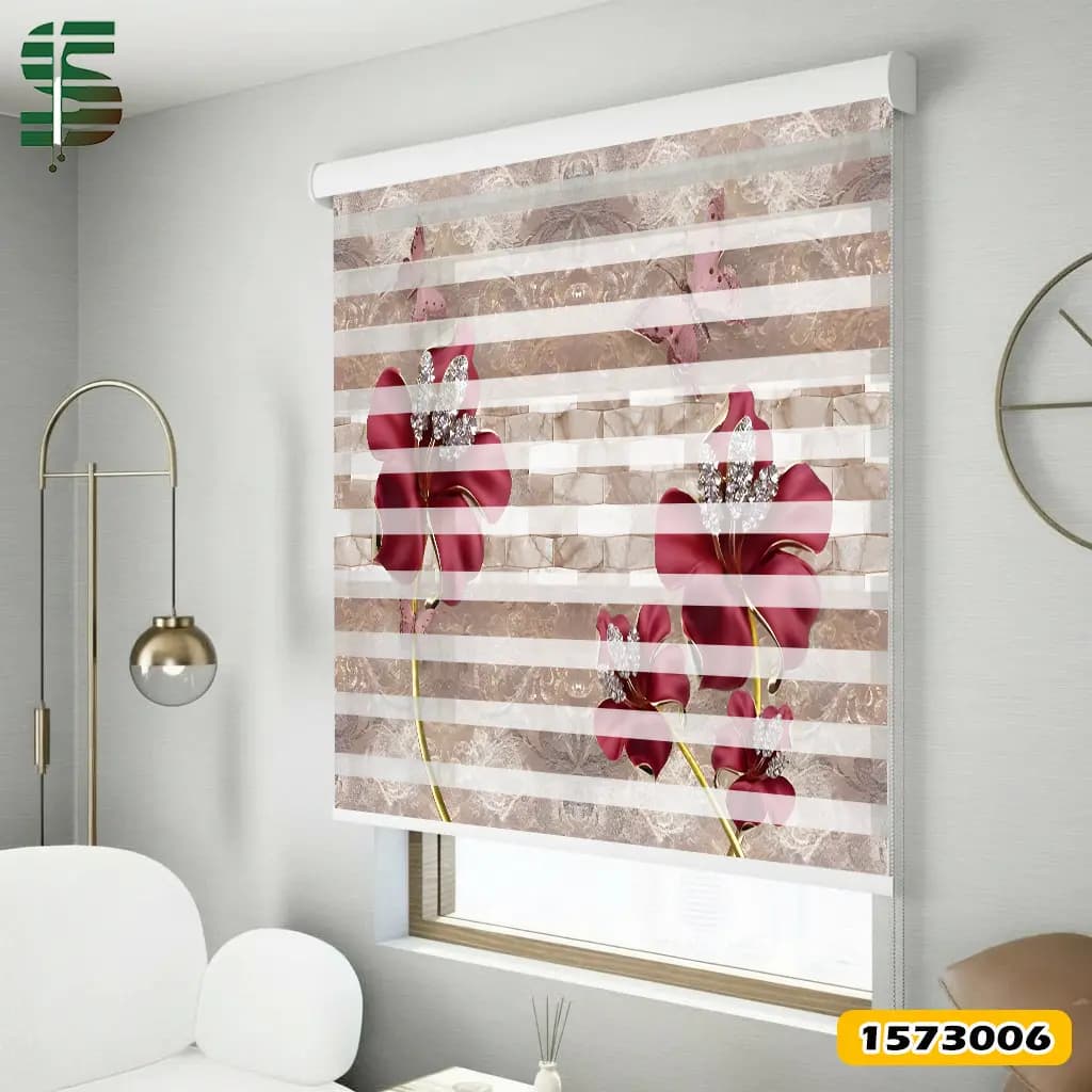 پرده زبرا سه بعدی کد 1573006 مدل گل قرمز و پروانه صورتی
