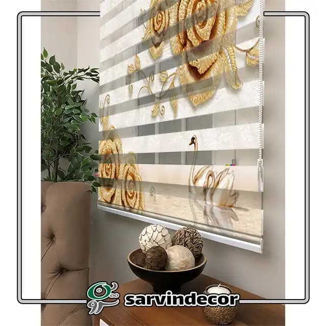 پرده زبرا سه بعدی گل طلایی و مرغابی کد T371