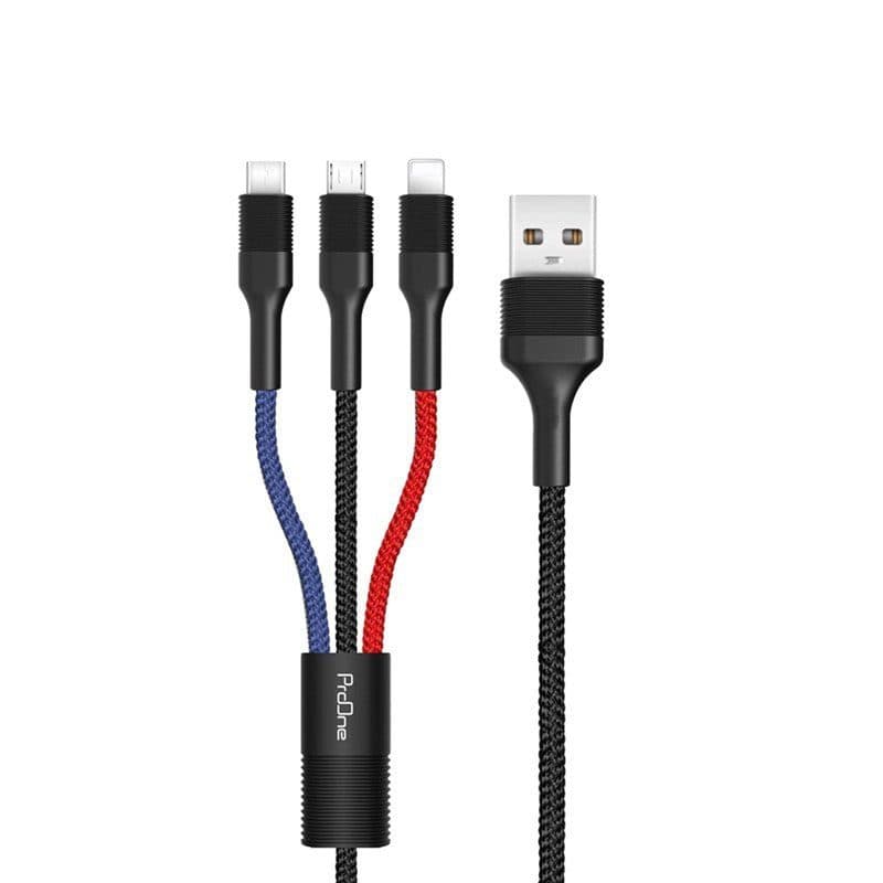 کابل ۳ سر فست شارژ ProOne PCC280 2.4A 1m ا ProOne Pcc280 2.4A 1m 3IN1 Cable کد 6821 — تصویر ۲