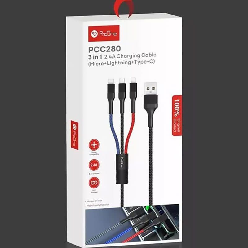 کابل ۳ سر فست شارژ ProOne PCC280 2.4A 1m ا ProOne Pcc280 2.4A 1m 3IN1 Cable کد 6821