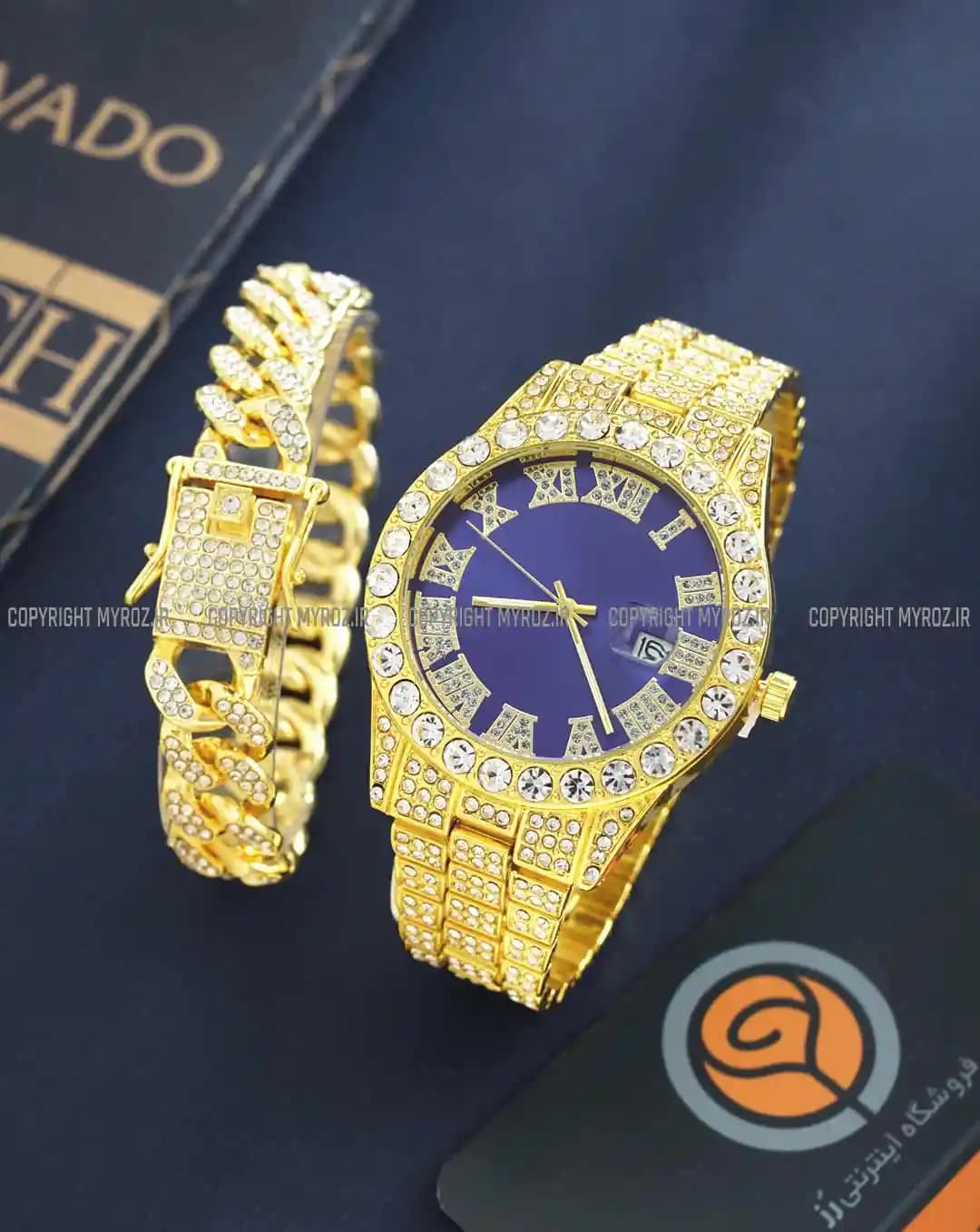 ست ساعت مچی و دستبند مردانه فول نگین رولکس ROLEX مدل 2120 — تصویر ۳