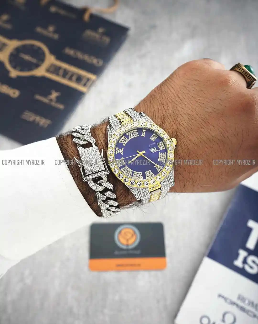 ست ساعت مچی و دستبند مردانه فول نگین رولکس ROLEX مدل 2119 — تصویر ۲