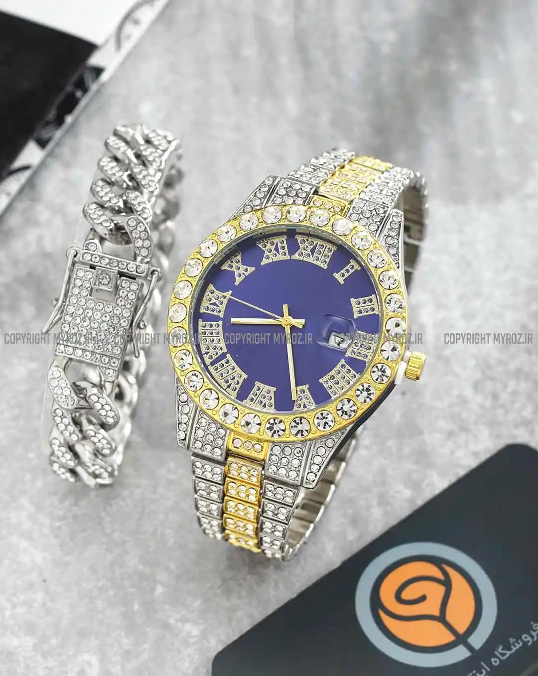 ست ساعت مچی و دستبند مردانه فول نگین رولکس ROLEX مدل 2119 — تصویر ۳