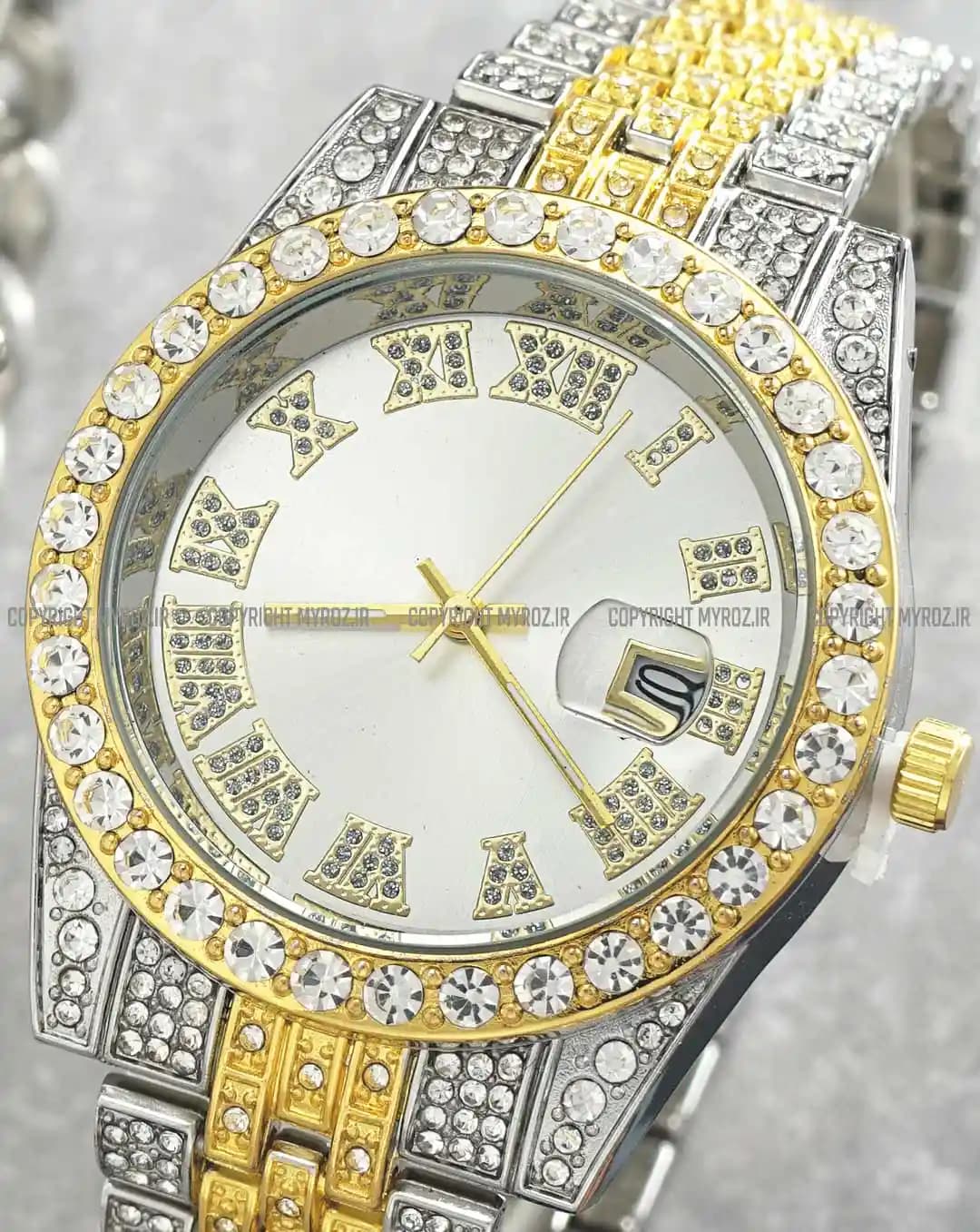 ست ساعت مچی و دستبند مردانه فول نگین رولکس ROLEX مدل 2118 — تصویر ۴