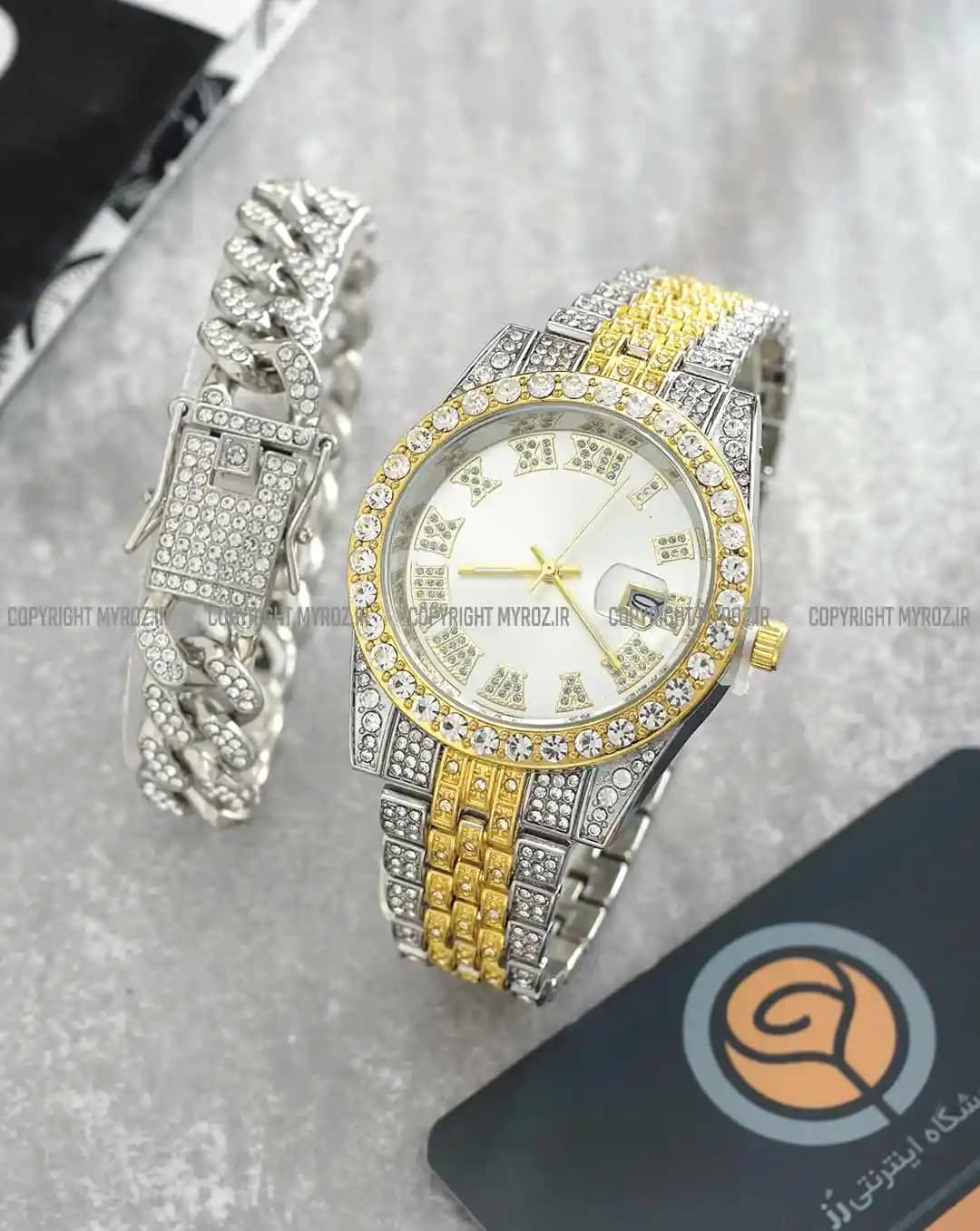 ست ساعت مچی و دستبند مردانه فول نگین رولکس ROLEX مدل 2118 — تصویر ۳