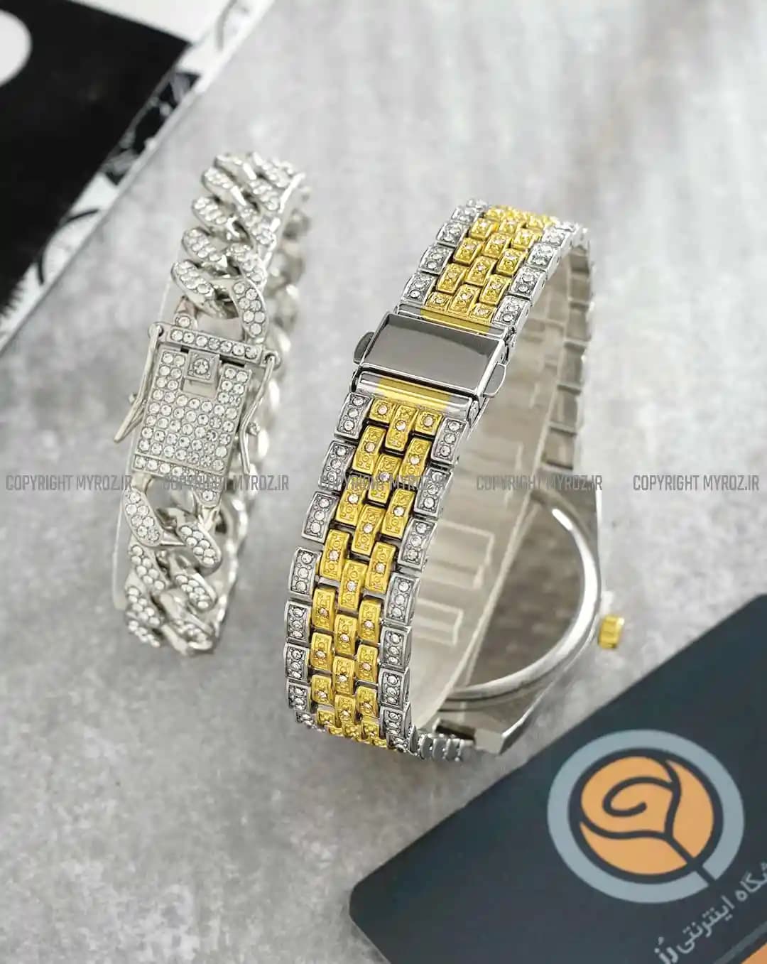 ست ساعت مچی و دستبند مردانه فول نگین رولکس ROLEX مدل 2118 — تصویر ۵