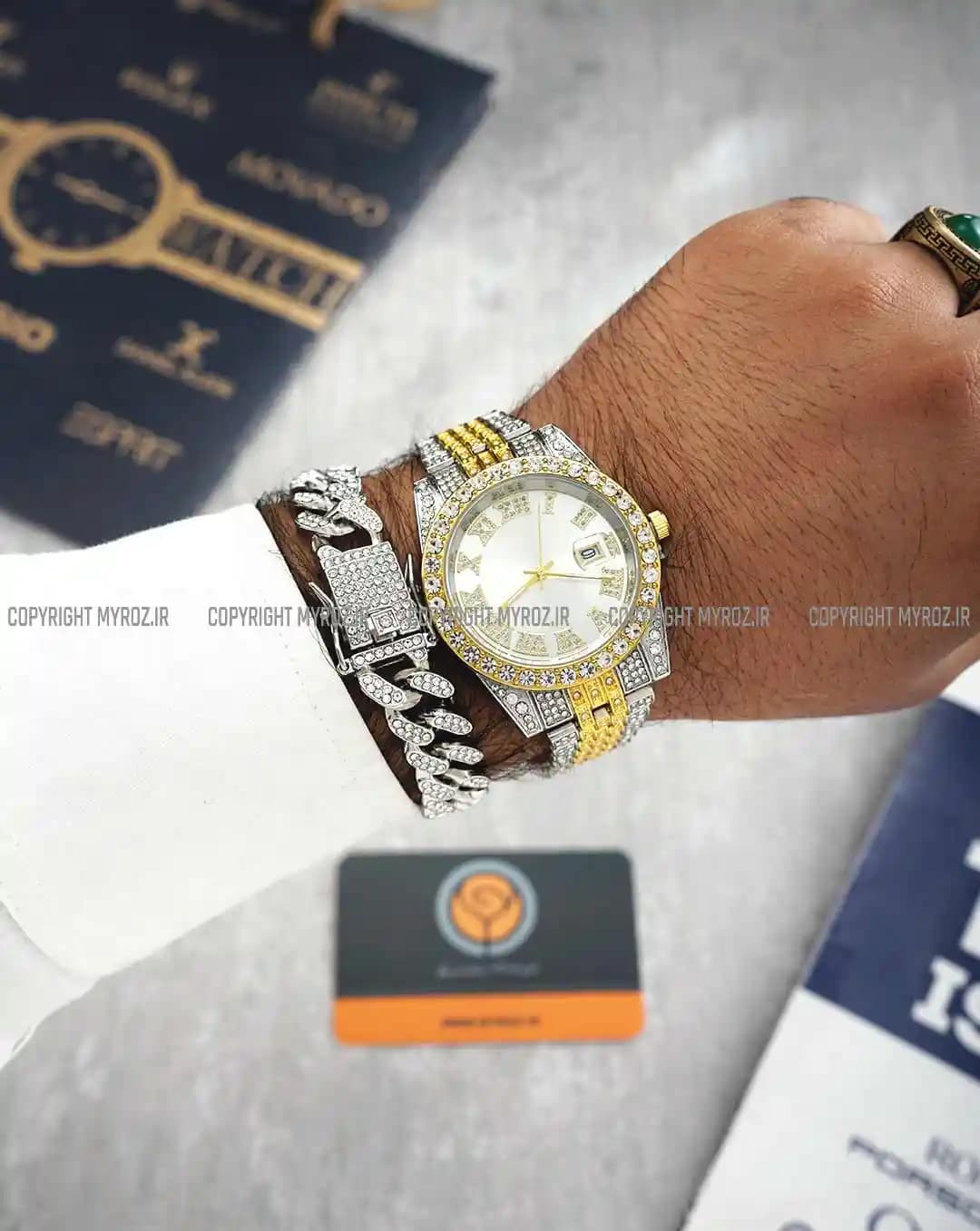 ست ساعت مچی و دستبند مردانه فول نگین رولکس ROLEX مدل 2118 — تصویر ۲