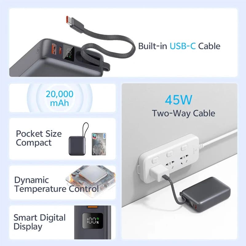 پاور بانک فست شارژ کیو سی وای QCY PB20A QC3.0 PD3.0 45W ظرفیت 20000 میلی آمپر ساعت — تصویر ۶
