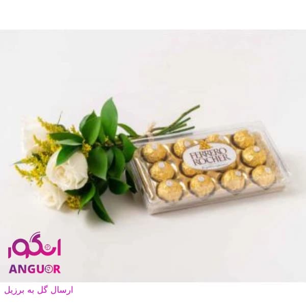 دسته گل رز سفید و شکلات (ارسال گل به برزیل)