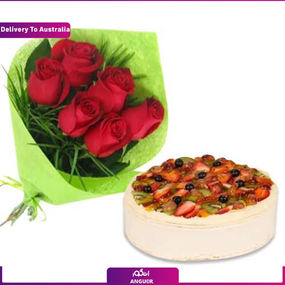 دسته گل رز با کیک (ارسال کیک و شیرینی به استرالیا)