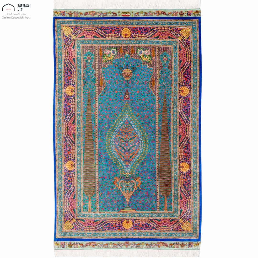 فرش دستباف ذرع و نیم تمام ابریشم طرح سروی مارک عربلو کد D02441G