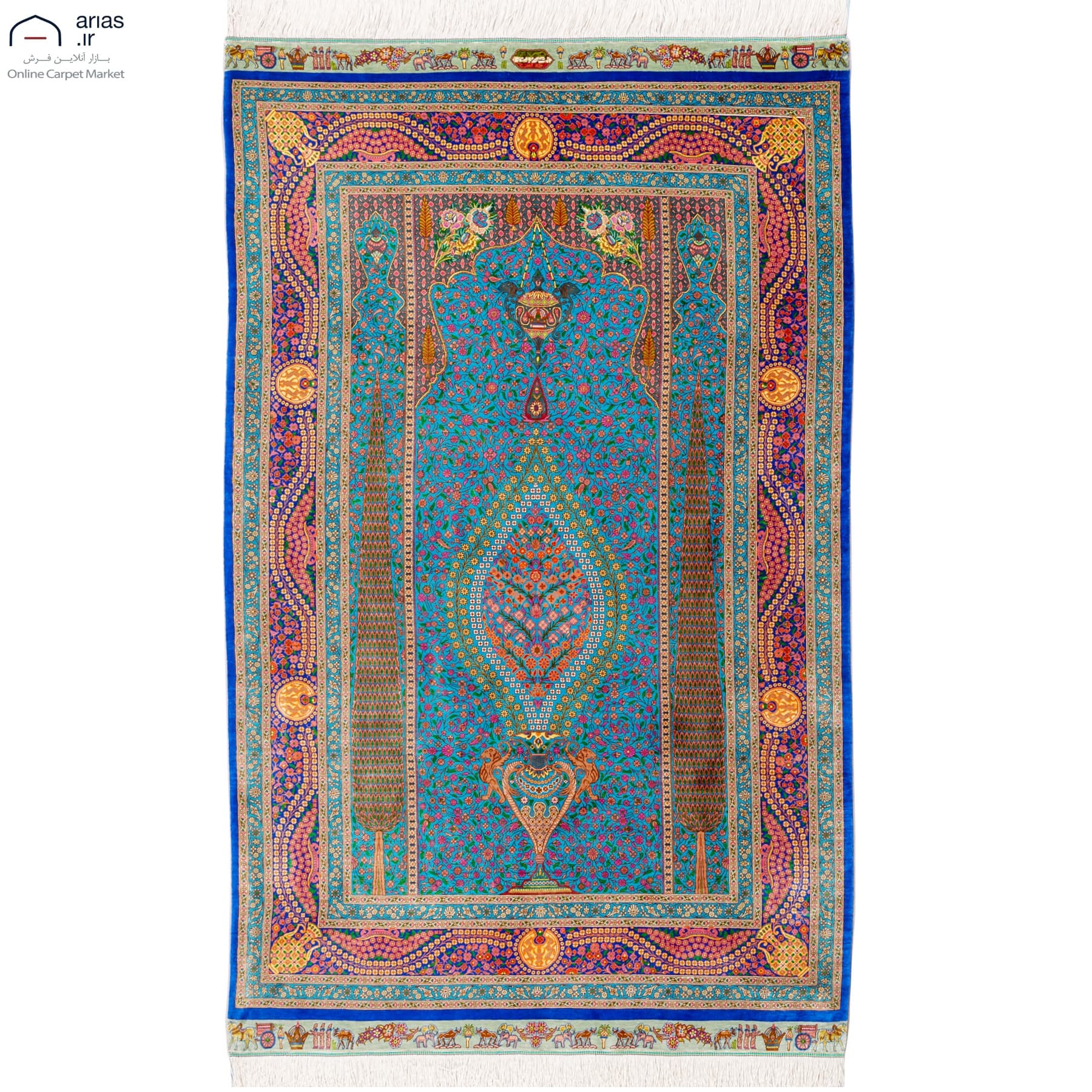 فرش دستباف ذرع و نیم تمام ابریشم طرح سروی مارک عربلو کد D02441G — تصویر ۲