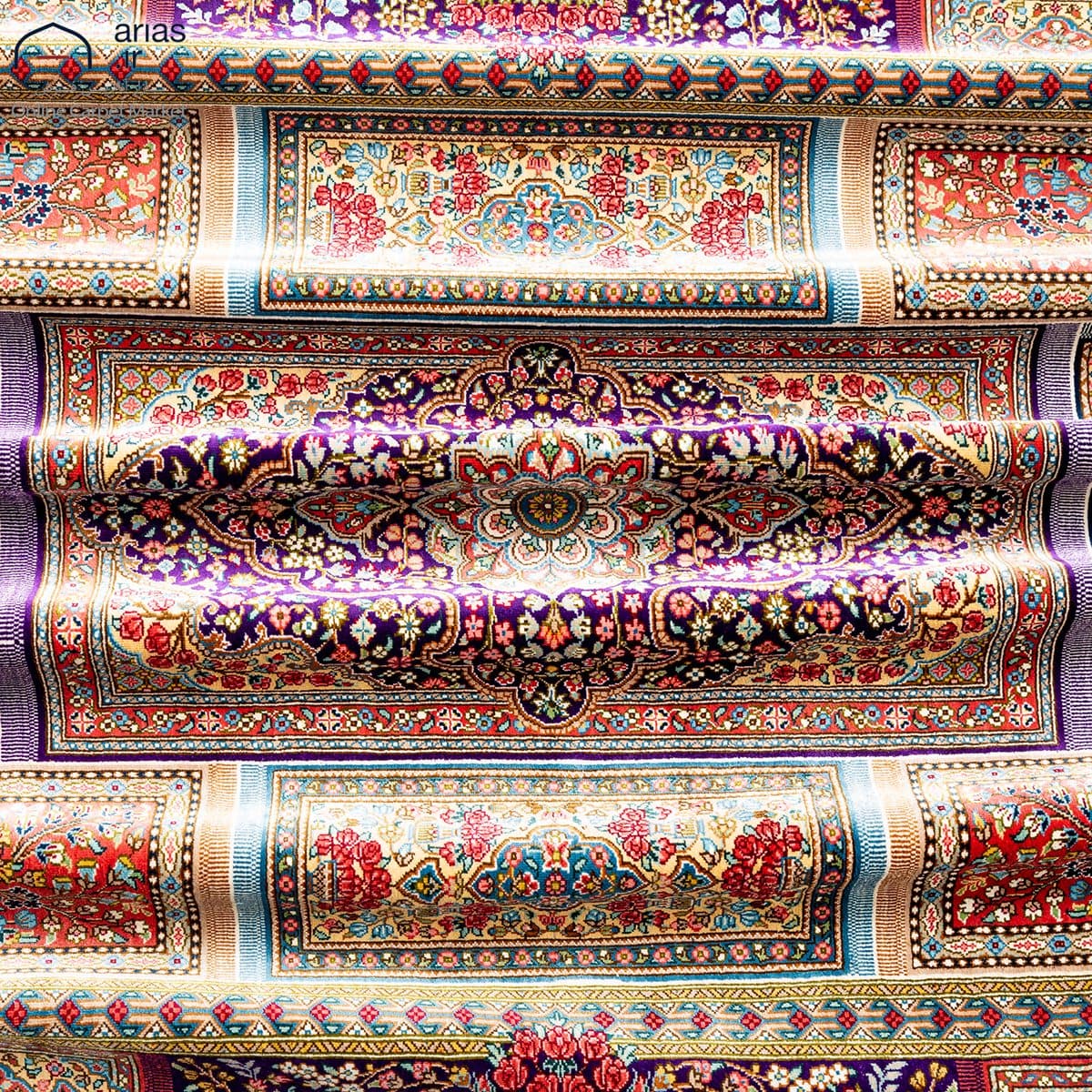 فرش دستباف ذرع و نیم تمام ابریشم طرح فرش در فرش مارک مهربخش کد D02352G — تصویر ۵