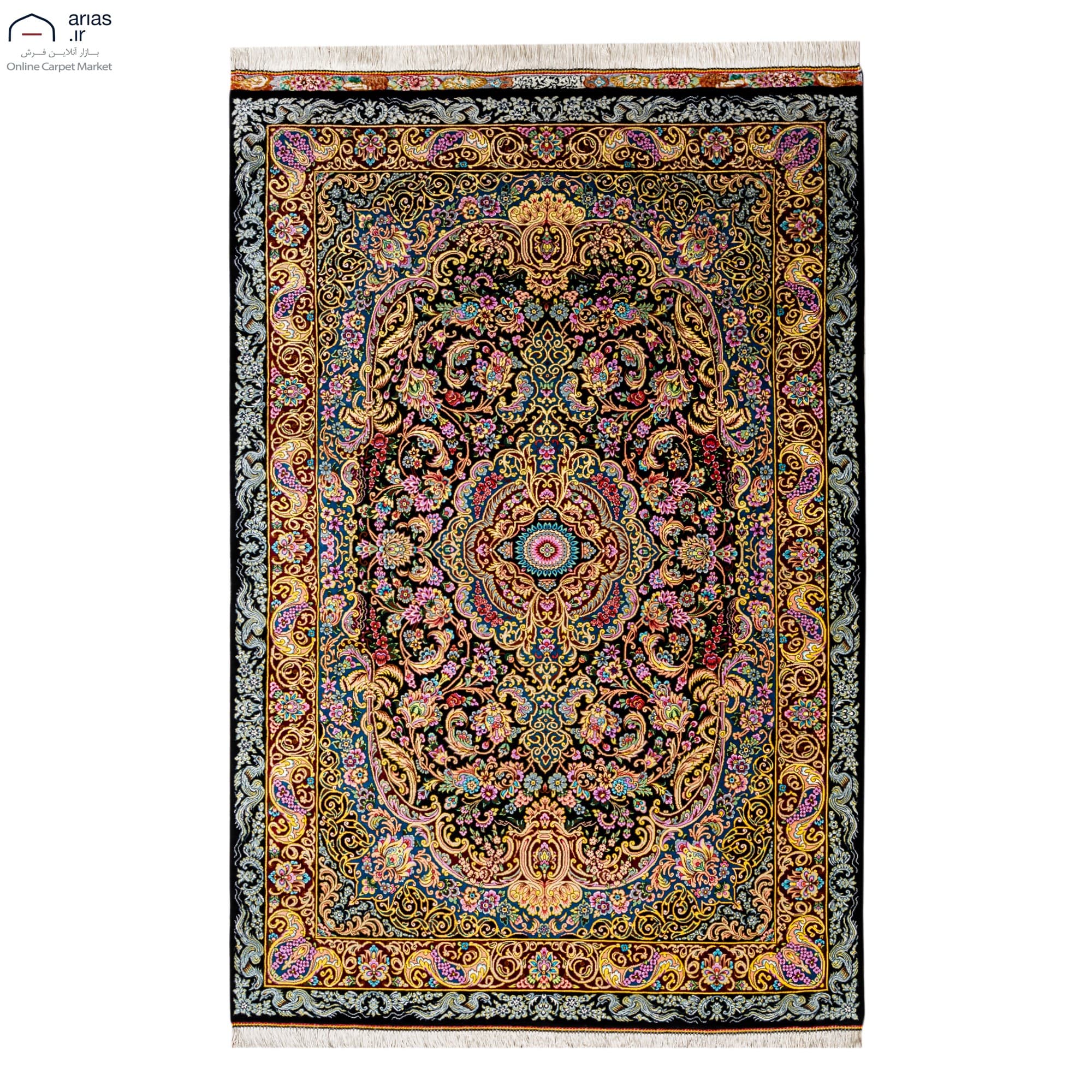 فرش دستباف ذرع نیم تمام ابریشم طرح لچک ترنج مارک نجدمظهر کد D02315G