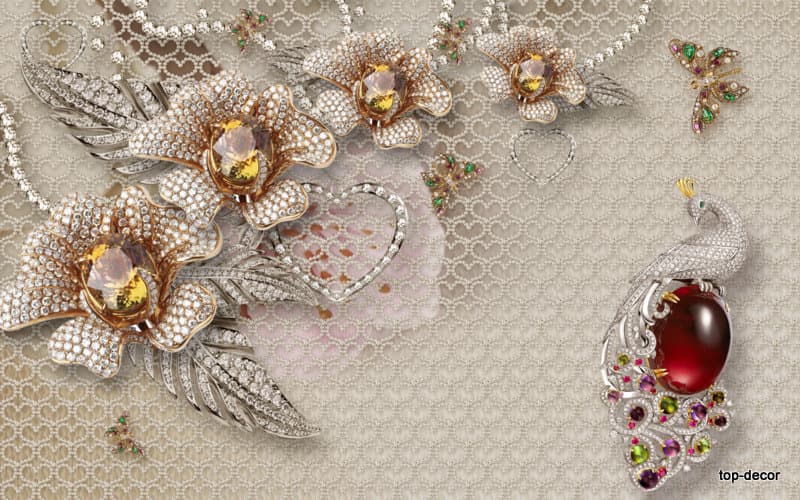 پوستر دیواری سه بعدی طرح گل مصنوعی و یاقوت