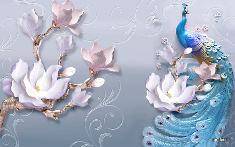 پوستر دیواری سه بعدی طرح گل و طاووس