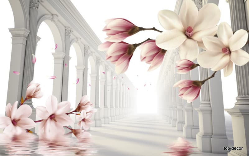 پوستر دیواری سه بعدی طرح ستون و گل مصنوعی
