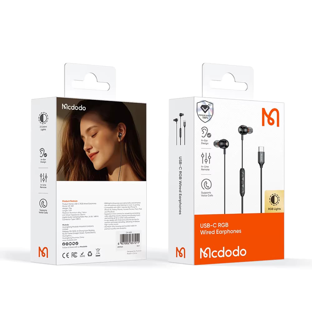 هندزفری سیمی تایپ C مک‌دودو با صدای دیجیتال و نورپردازی RGB مدل MCDODO HP‑5830 — تصویر ۲