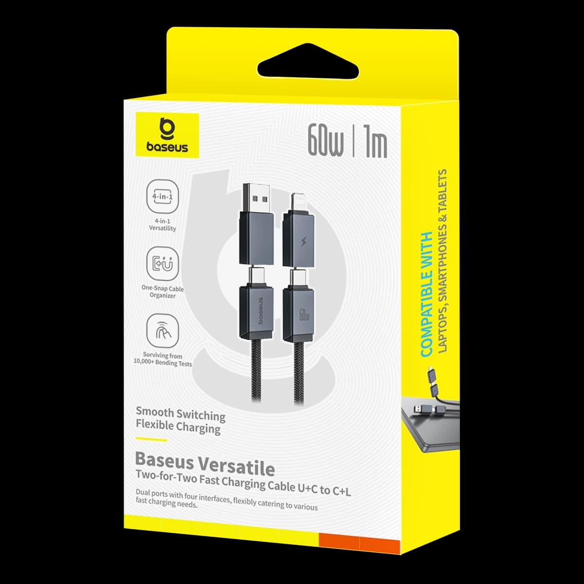 کابل شارژ سریع چندمنظوره (دو به دو) باسئوس ۶۰ وات (ورودی USB و Type-C، خروجی Type-C و Lightning)