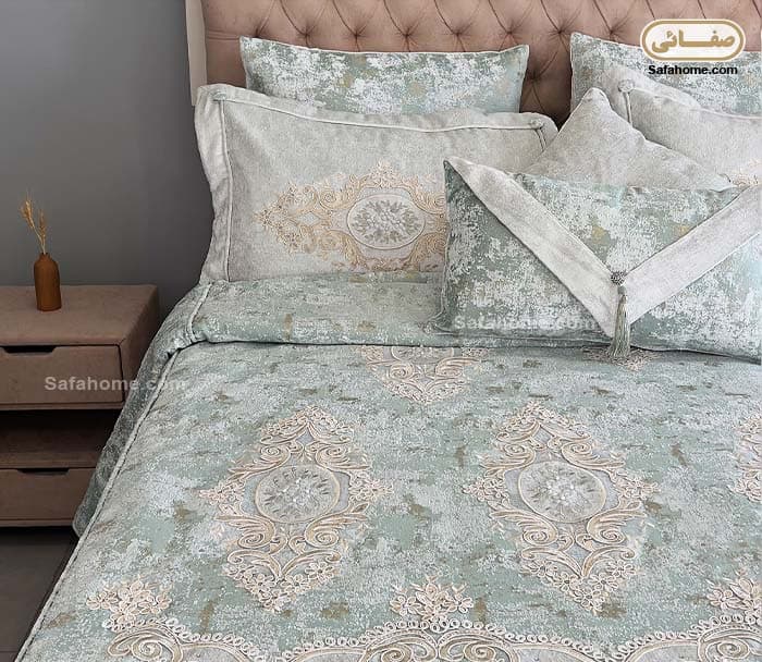 روتختی دونفره عروس طرح مخمل پتینه گلاریس سبز — تصویر ۳